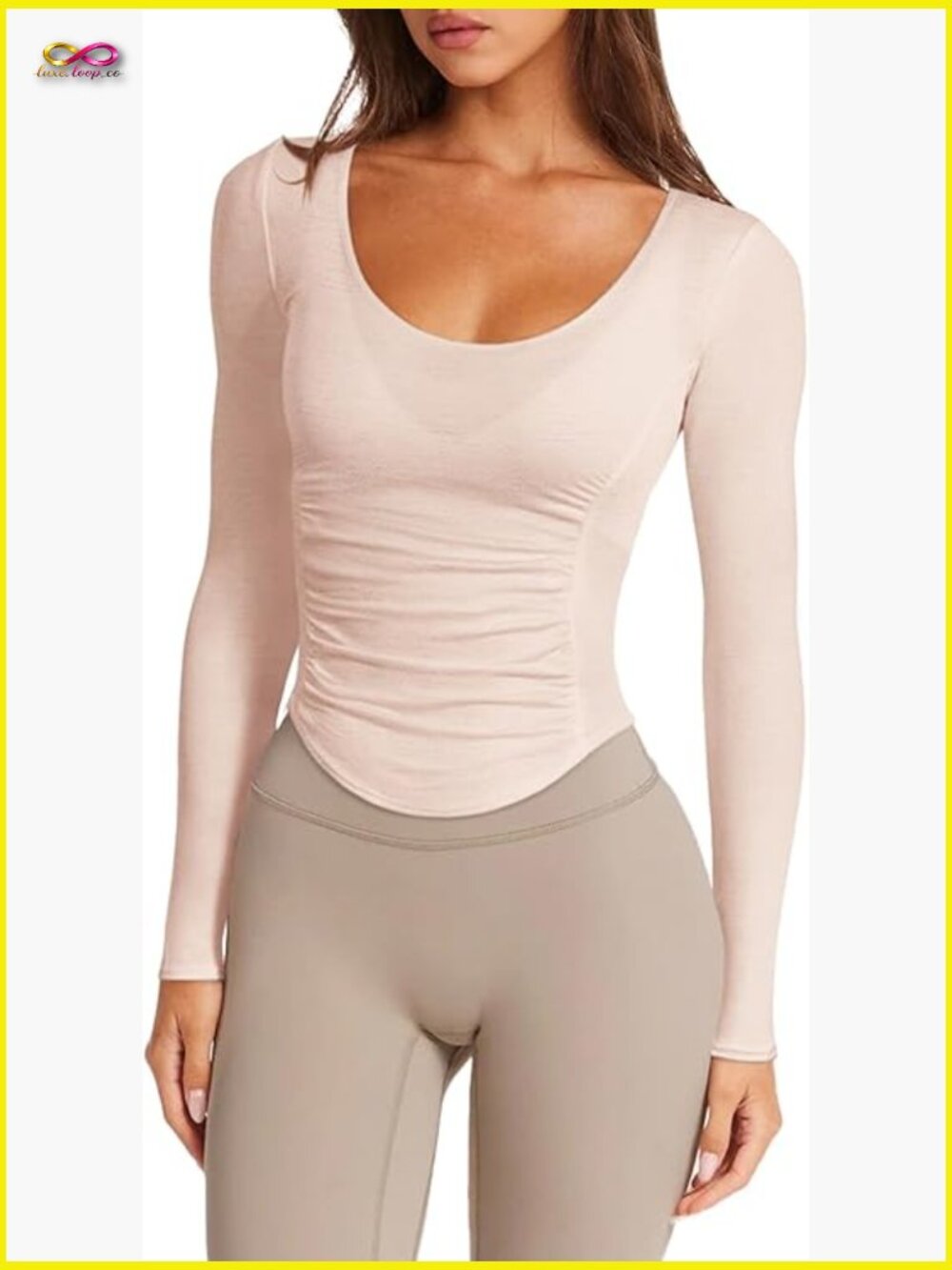 Long Sleeve Sheer Workout Top Open Back Ruched Slim Fit Yoga Running Athletic